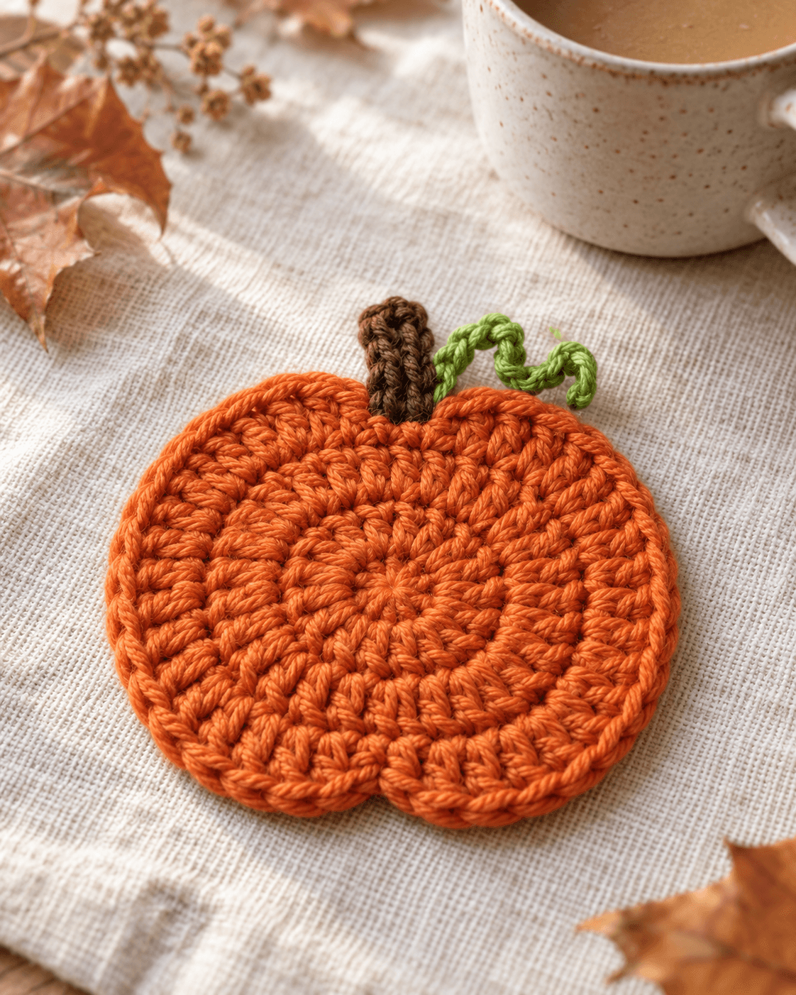 Orange pumpkin-shaped crochet coaster with a brown stem and curly green vine on a beige linen table beside a ceramic coffee mug. Copy alt text